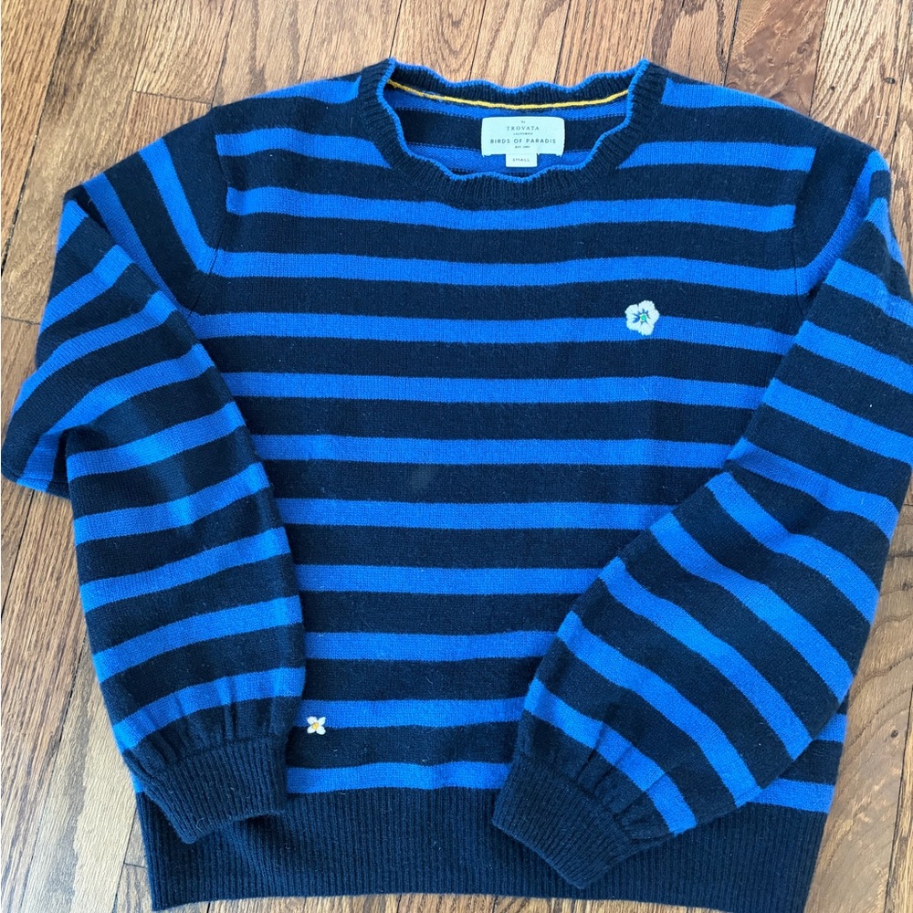 Trovata Navy and Royal Blue Striped Crewneck Sweater with Flower detail size s